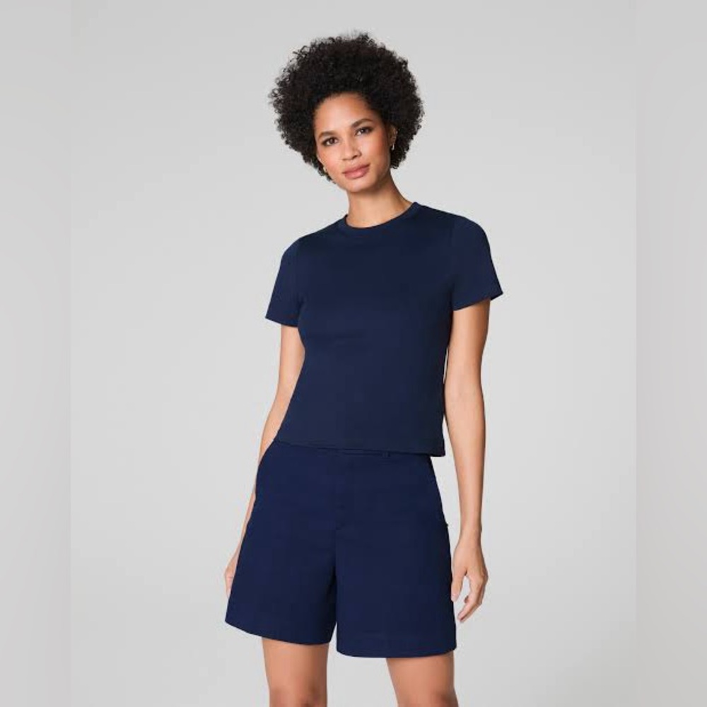 SPANX Cool Cotton Crewneck Tee Navy Blue XS NWT Stretch T Shirt
